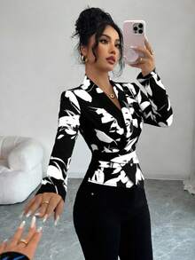 Elenzga 女士优雅印花休闲通勤系带衬衫，秋季款 - 黑色 - 查看 7