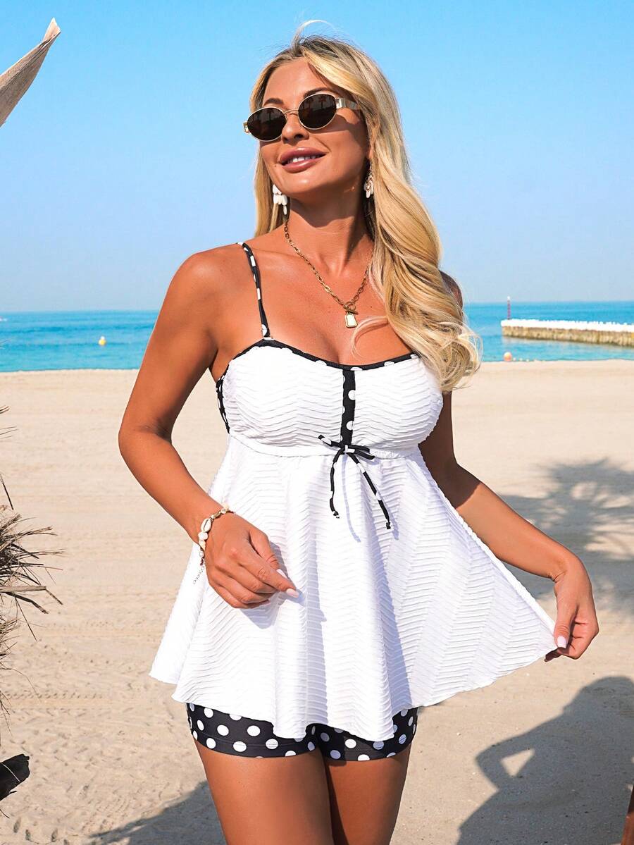 Swim Lushoire 两件套针织提花波点印花可拆卸吊带上衣和波点印花三角泳裤泳衣套装，夏季海滩度假 - 黑與白 - 查看 1