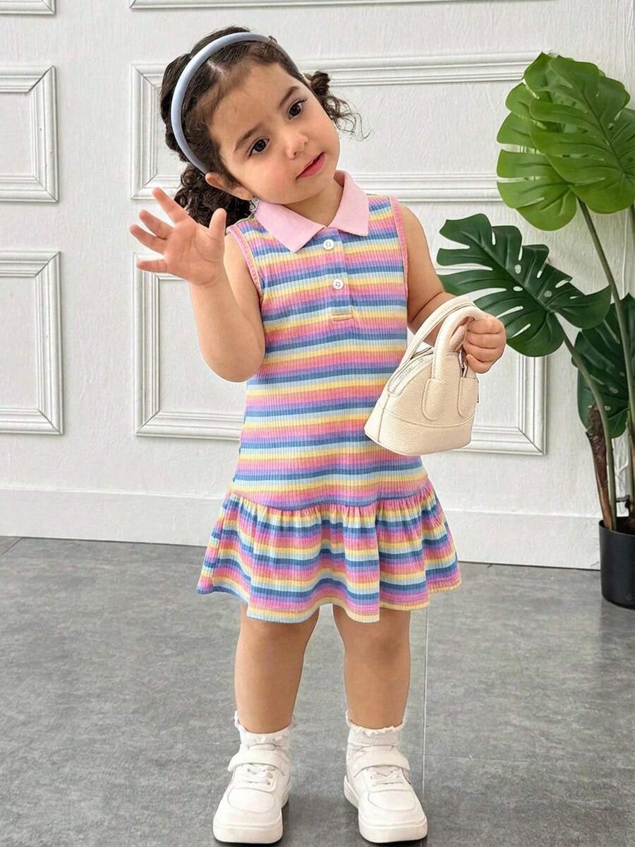 SHEIN Vestido de manga corta con cuello polo de punto de rayas de colores para bebé niña recién nacida - Multicolor - Ver 1