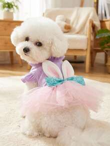 PETSIN 1pc Cat/Dog Clothing, Cute Embroidered 3D Rabbit Ear Cartoon Dress, Spring And Summer Pet Comfortable Clothing - Pink purple - View 2