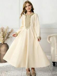 Tween Girl Contrast Lace Waist Party Holiday Dress - Apricot - View 4