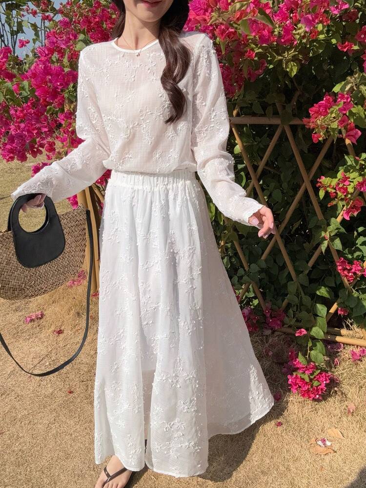 Women's Casual Vacation Textured Long Sleeve Top And Skirt 2 Pieces Set, Autumn Summer
