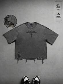 ROMWE MEN 男士做旧水洗破洞宽松T恤，街头风 - 灰色 - 查看 1