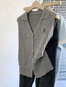Nubod 2026 Chaleco de punto con cuello en V, botones de perla y diseño minimalista y versátil, adecuado para uso diario, para mujeres de talla grande - Gris - Ver 4