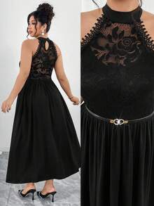 Elenzga Robe mi-longue décontractée à encolure en V, empiècement en dentelle, taille élastique, sans manches, volants à la taille, ourlet évasé. Convient pour la Saint-Valentin, les vacances, les fêtes - Noir - Voir 1