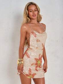 SHEIN Glamour One Shoulder Rhinestone Chain Detail Split Hem Sequin Dress Mini Short Women Outfit - Apricot - View 5