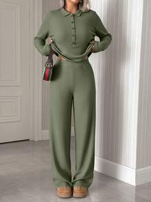 EURMUSE Petite Size Women 2 Pieces Casual Long Sleeve Top And Pants Set - Mint Green - View 5