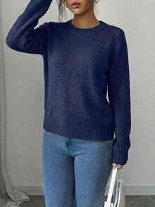 EURMUSE Áo len trơn màu đơn giản, thoải mái khi đi làm hàng ngày dành cho nữ, Thu/Đông - Màu xanh hải quân - Xem 4