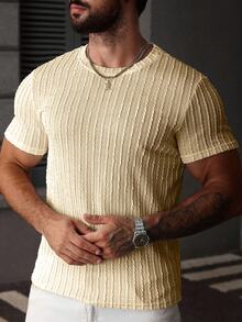 SLATEMANN Men's Solid Color Textured Crew Neck Short Sleeve Casual Versatile T-Shirt - Apricot - View 3