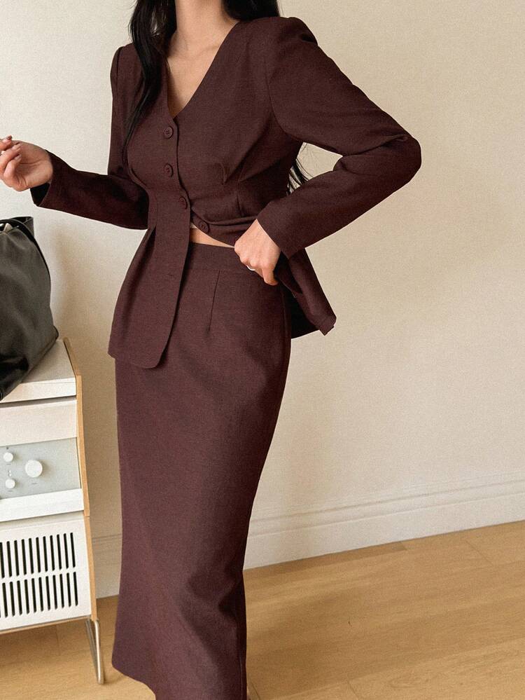 Women's Solid Color Minimalist Daily Long Sleeve Top And Skirt Suit Set