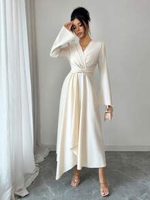 SHEIN Elenzya Robe longue élégante et romantique pour les vacances et le bureau avec manches évasées et ruban torsadé - Nude - Voir 6