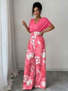 Elenzga Bộ jumpsuit dài in họa tiết, cổ chữ V, dáng rộng, xếp ly, eo, dành cho nữ. - Hồng - Xem 4