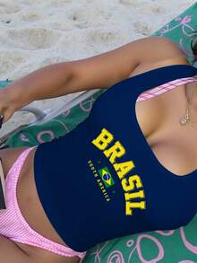 SHEIN EZwear Women's Casual Tight-Fitting Halter Neck Tank Top, English Letter Print Pattern, Suitable For Summer - Multicolor - View 5