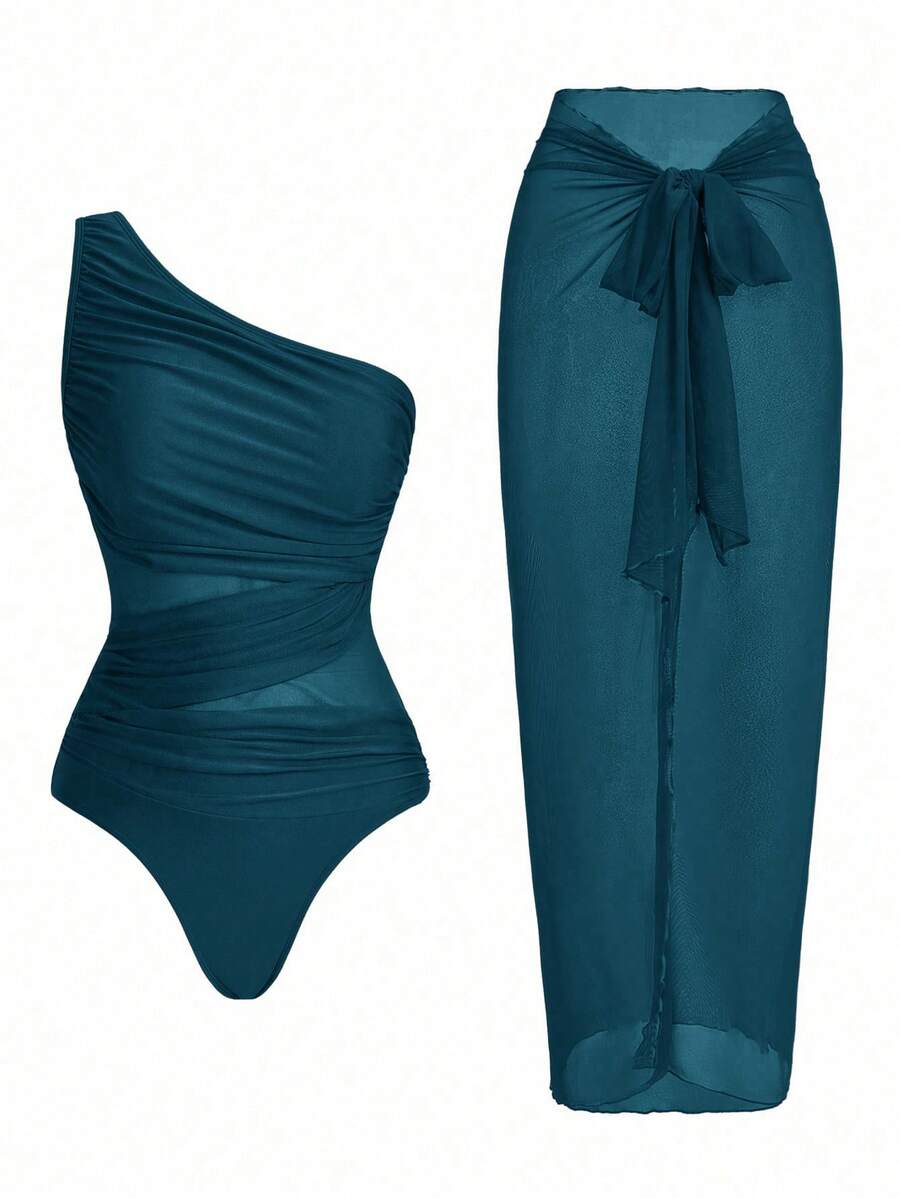 Swim Oasis Women's Solid Color Asymmetric Shoulder Fashion Summer Beach Minimalist One-Piece Swimsuit