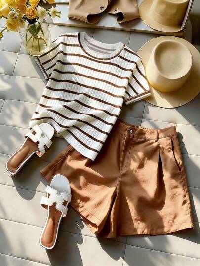 Franclia Conjunto informal de 2 piezas de mujer con cuello redondo y rayas ligeras en blanco, adecuado para vacaciones, viajes, salidas, picnics, cómodo