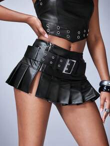 Y2Kool Chân váy ngắn nữ phong cách punk gợi cảm với khóa cài và khóa kéo. - màu đen - Xem 4