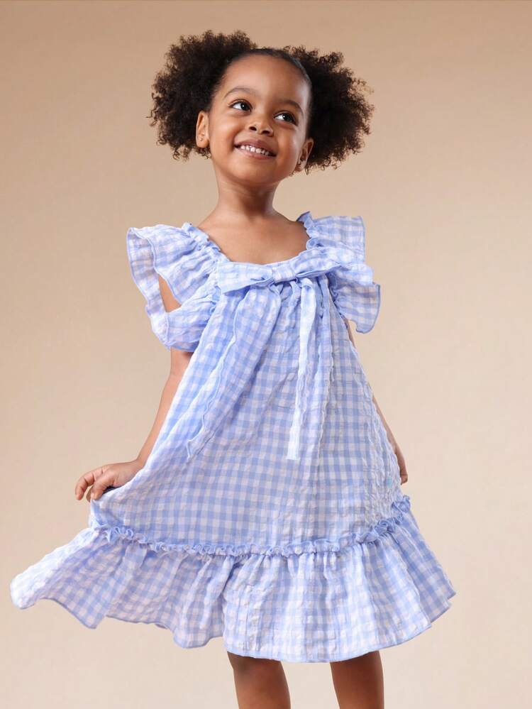 Square Neck Ruffle Gingham Check Dress