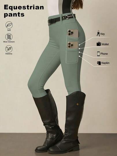 With My Calm Women's Autumn/Winter Sports Equestrian Pants, Black Skinny 3/4 Length With Waistband, Double Layer Pockets, Suitable For Daily Casual, Running, Yoga, Gym, Tennis, Golf, Horse Riding