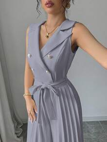 Selianne Women's Elegant Apricot Double-Breasted Design Pleated Jumpsuit, Spring/Autumn - Grey - View 5