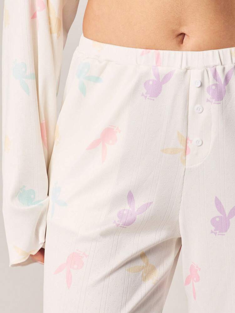 Missguided x Playboy Printed Pajama Set Long Sleeve Button Front Crop Top With Matching Wide Leg Lounge Pants Comfort Sleepwear