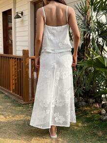 Livesso 春夏白色蕾丝吊带背心和A字裙套装，优雅百搭，适合情人节、婚礼、休闲、海滩、通勤等场合。 - 白色 - 查看 3