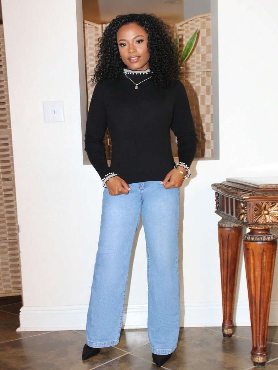 Steph T 女士网眼拼接仿珍珠立领修身长袖套头毛衣 - 黑色 - 查看 1