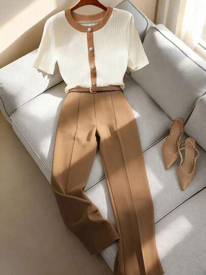 GlowEve 2 pezzi Set di maglietta a maniche corte e pantaloni con blocchi di colore, scollo tondo, per donna, primavera/autunno