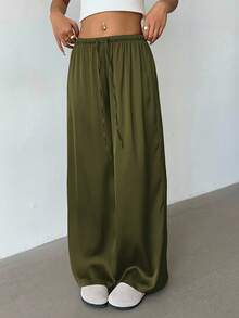 Aloruh Chân váy dài nữ cạp thấp, kiểu dáng retro, chất liệu satin, màu nâu xám, đa năng. - xanh quân đội - Xem 5