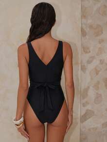Costavie 1件装女士优雅纯色尼龙亮面露背吊带连体泳衣，成人沙滩装 - 黑色 - 查看 3