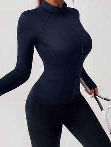 DAZY Sports Running Yoga Slim Fit Long Sleeve Jacket - Navy Blue - View 5