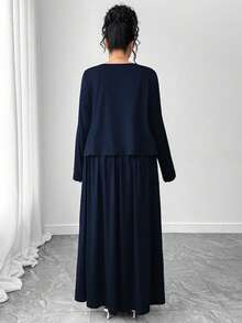 Elenzga 大码女式优雅长袖纯色外套+A字收腰吊带裙两件套，针织弹力两件套，适合日常外出、通勤、派对、晚宴等场合。 - 藏蓝色 - 查看 2