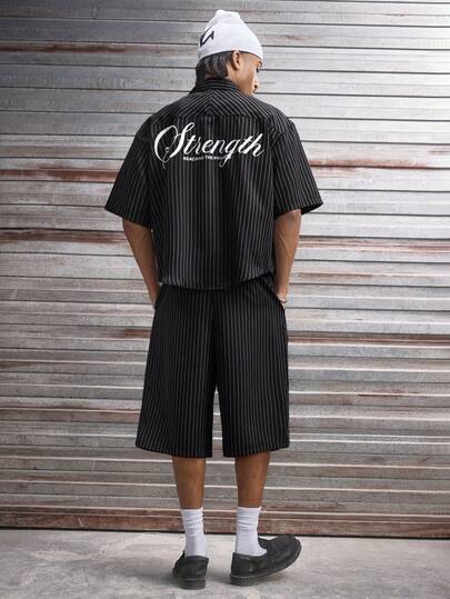 AXEPEAK Men's Casual Letter & Striped Pattern Front Button Short Sleeve Shirt And Shorts Set, Summer