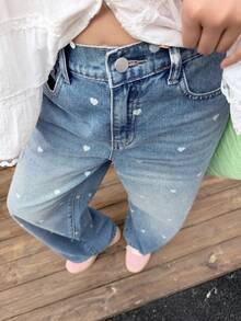 DAZY Tween Girls' Pocket Button Heart Print Casual Versatile Daily Wear Wide Leg Jeans - Light Wash - View 4