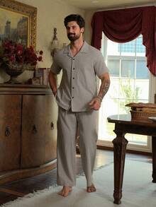 DAZY Conjunto de pijama casual de camisa de manga corta y pantalones para hombre, beige, para verano - Beis - Ver 3