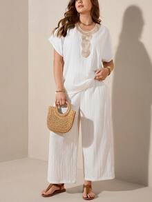 Comfylo Women's Lace Collar T-Shirt And Wide Leg Pants Casual 2 Pieces Set - White - View 3