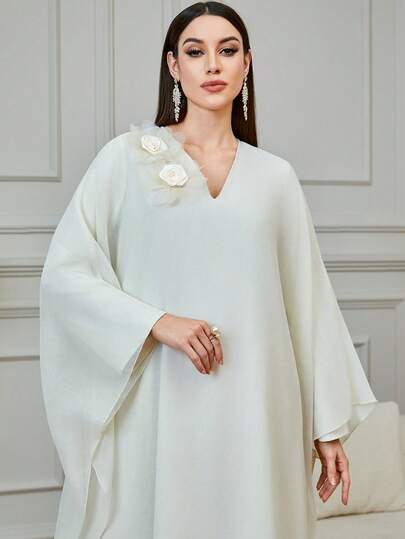 Al Najma Women's Chiffon Poncho With 3D Floral Decor, V-Neck, Loose And Slimming Long Cardigan