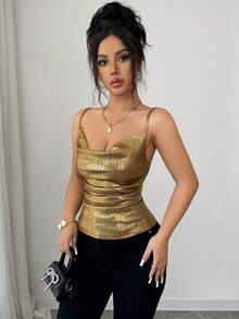 Elenzga New Shiny Gold Pleated Draped Neck Camisole, Versatile For Commute, Party, Vacation - Gold - View 7