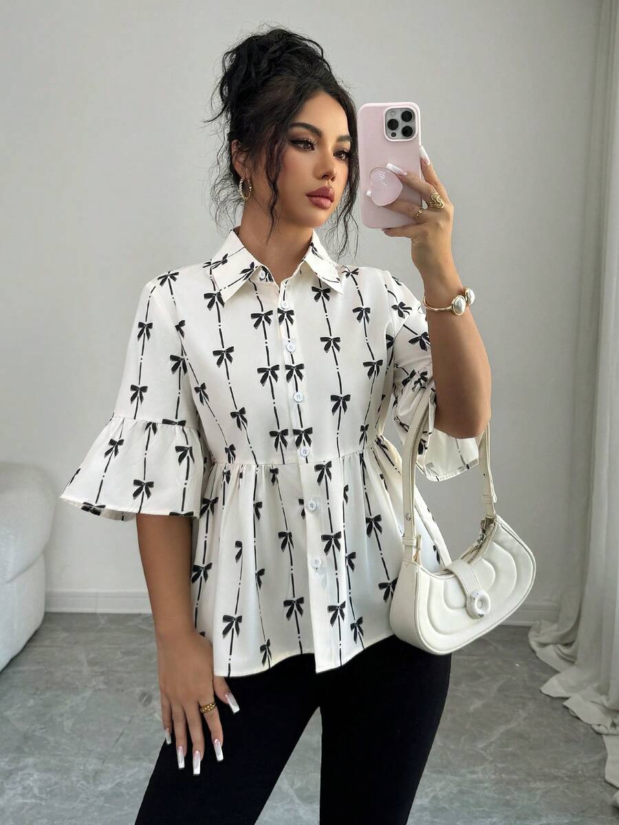 Elenzga Women's Elegant Bowknot Digital Print Ruffle Hem & Cuff Button Down Shirt, Spring/Summer - Apricot - View 1