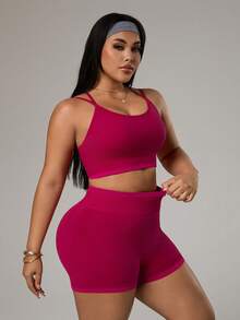 SHEIN Rhythm Era Bộ đồ thể thao không đường may dành cho nữ cỡ lớn, áo ngực và quần short, kiểu dáng thể thao lưng chữ Y, ôm sát cơ thể, thích hợp cho mùa xuân/hè, áo ngực có đệm rời và quần short cạp cao bó sát. - Màu Đỏ Sâu - Xem 4