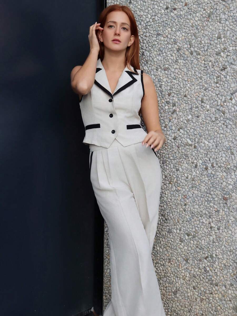 SILVIA DI SANTO Ensemble veste et pantalon élégant de navettage avec bordure contrastée pour femmes, tenues complètes pour femmes, retour à l'école, tenues d'enseignante pour femmes, robe de témoin de mariage élégante, tenue décontractée chic pour femme, robe de témoin de mariage élégante, style femme "old money", chemise boutonnée pour femme, pour l'automne/l'hiver - Nude - Voir 1