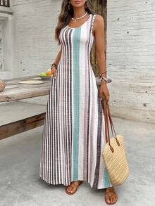 Breezaya Women's Casual Striped Round Neck Sleeveless Dress, Suitable For Vacation - Aqua Blue - View 3