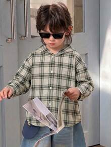 DAZY 男童时尚格子连帽纽扣外套 - 卡其色 - 查看 2