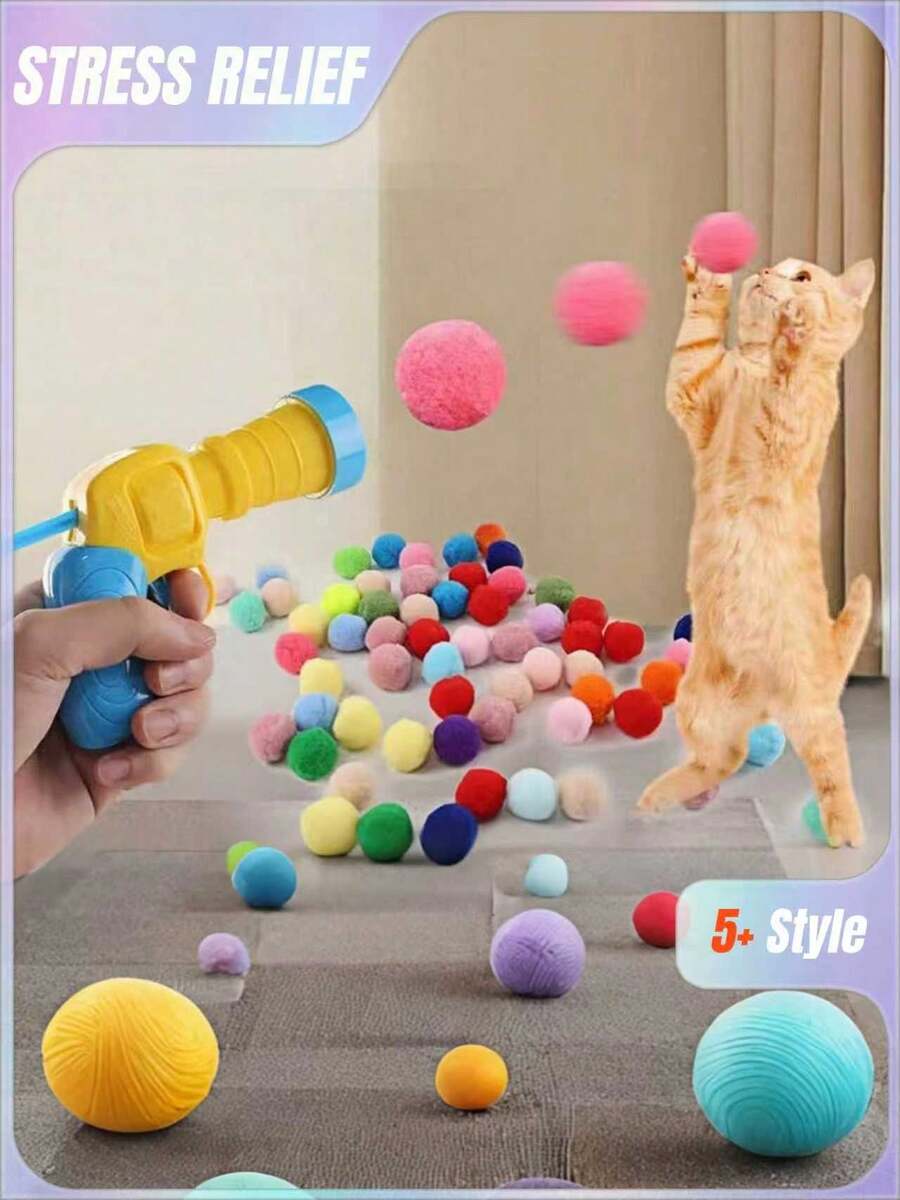 20/30/50 piezas Juguete para gatos con bolas de colores y pompones de colores aleatorios, juguete interactivo de alta elasticidad de felpa con disparador silencioso