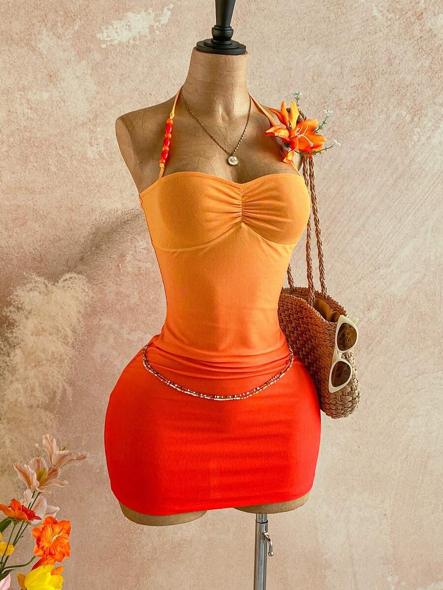 Soleia Đầm ngắn ôm sát cổ yếm xếp ly ombre dành cho nữ, thích hợp mặc đi nghỉ mát. - Nhiều màu - Xem 1