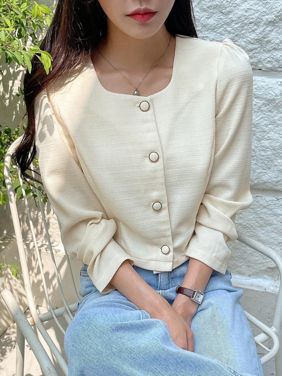 DAZY Solid Button Front Crop Blouse,Long Sleeve Tops Fall - Beige - View 1