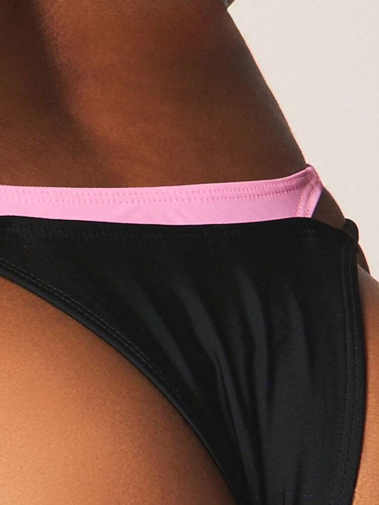 MISSGUIDED Women's Double Layer Tie Side String Bikini Bottoms With Contrast Trim And Adjustable Side Ties For Beach Vacation Swimming