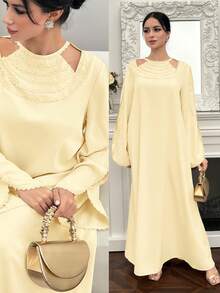 Yasmyna 女士纯色圆领镂空优雅长袖阿拉伯连衣裙 - 黃色 - 查看 1