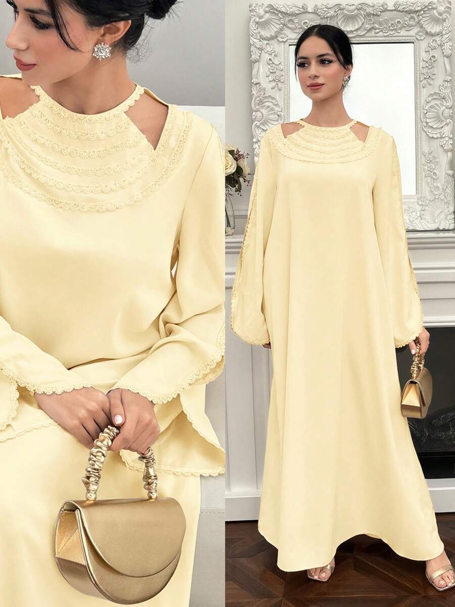 Yasmyna 女士纯色圆领镂空优雅长袖阿拉伯连衣裙 - 黃色 - 查看 1