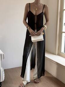 Livesso Thin Sheer Black Cardigan With Tie Front And Waist Tie, Mid-Length Design, Suitable For Spring/Summer, Music Festivals, Valentine's Day, Weddings, Casual, Beach - Black - View 7