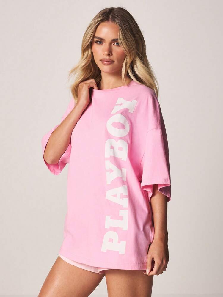 Missguided x Playboy Maglietta in cotone oversize con scollo a giro, maniche corte e stampa logo verticale, adatta per outfit casual estivi e primaverili